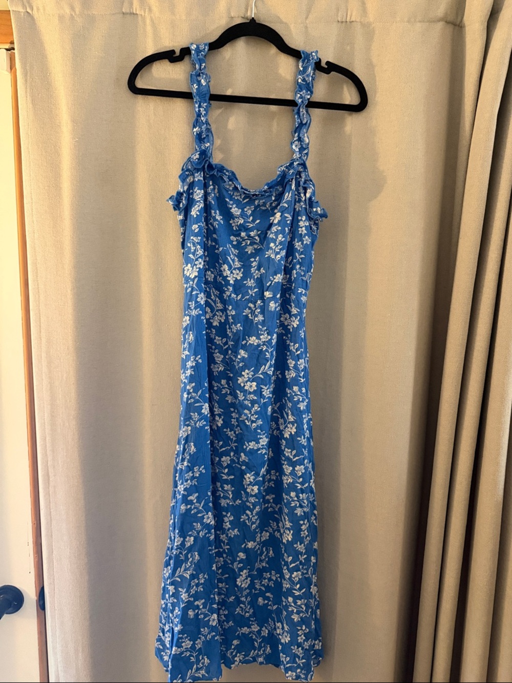 Lulu's Blue Floral Midi Dress with Ruffled Straps